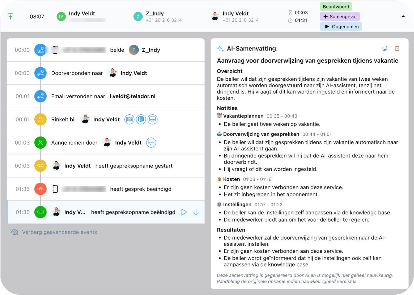 Voorbeeld van een AI-samenvatting met tijdlijn, notities en resultaten van een klantgesprek