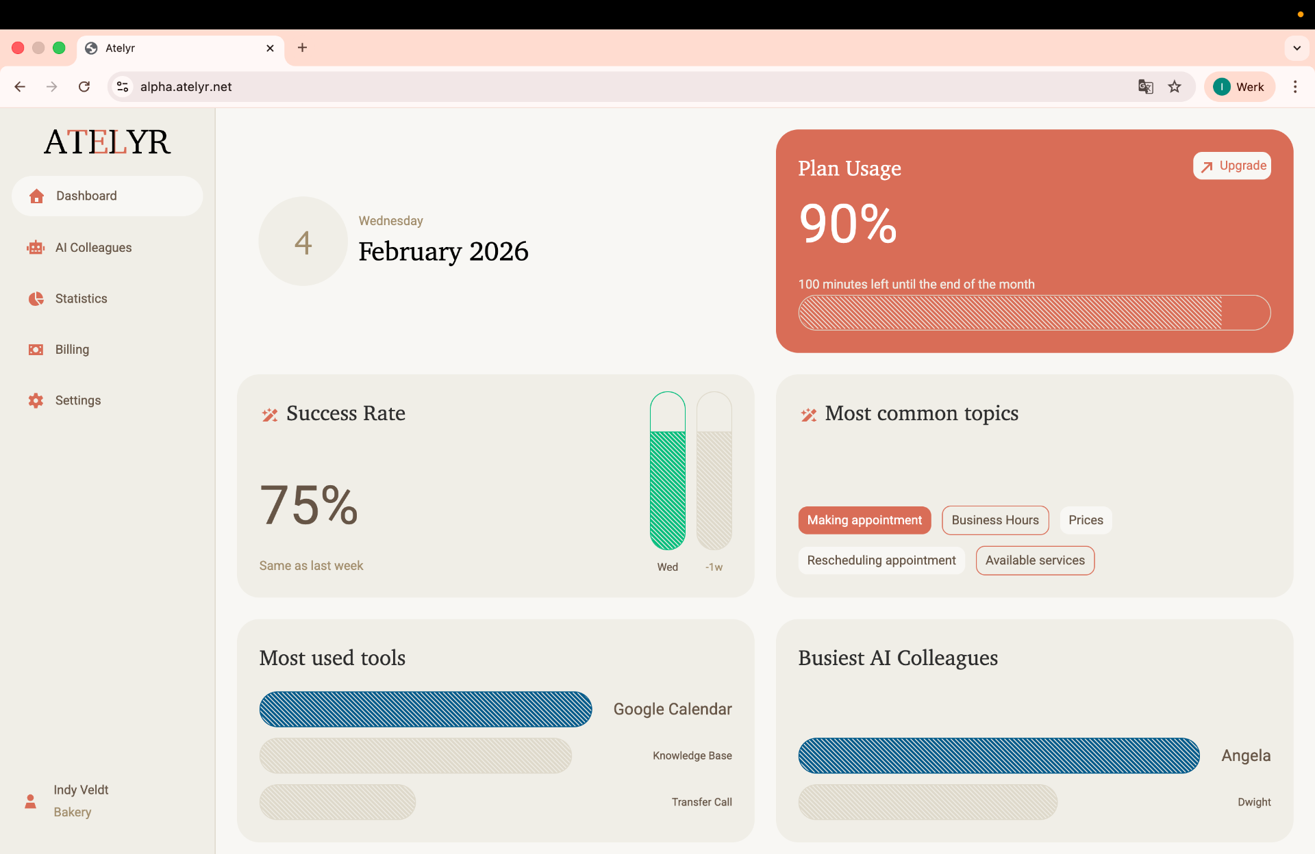 Dashboard van de Atelyr AI Voice Agent