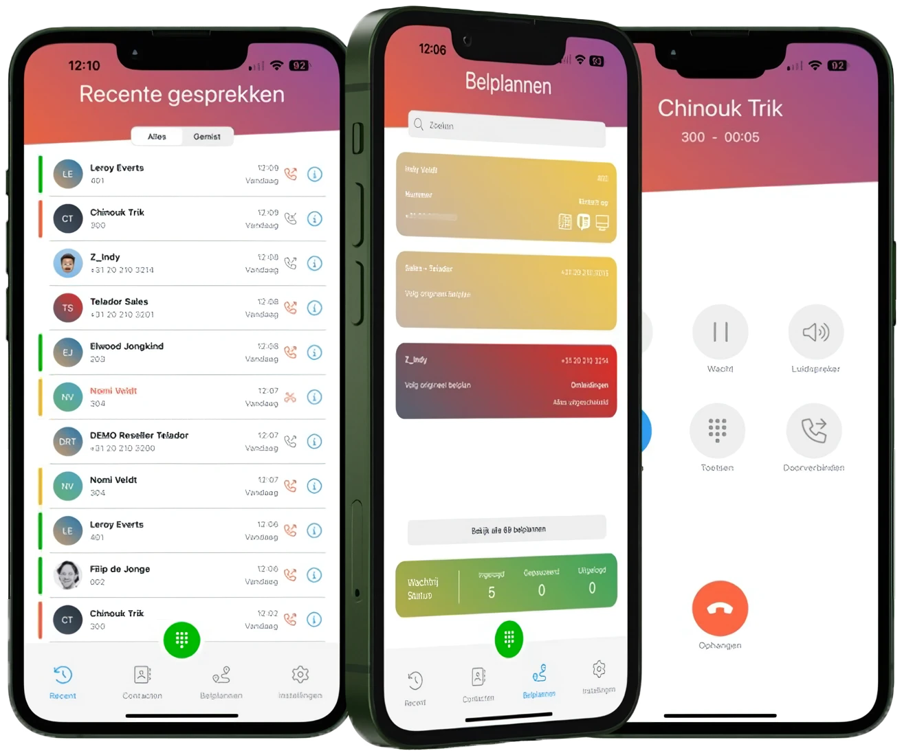 Mobiele VoIP-app van Trewi op drie smartphones